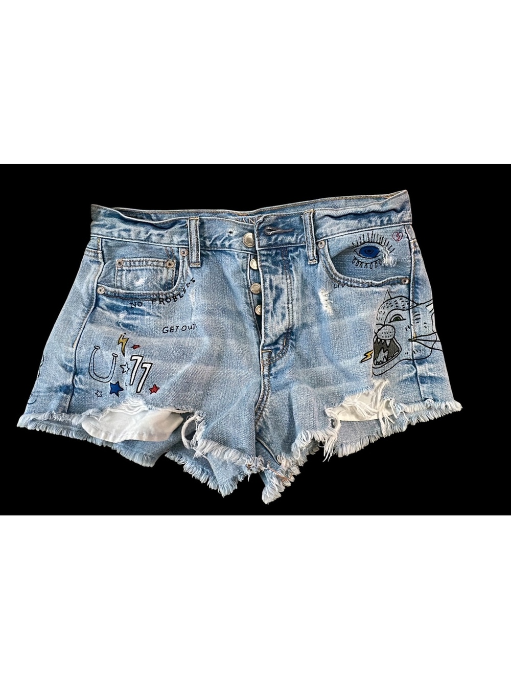 American Eagle Vintage HiRise Shorts 8 Distressed Graffiti Graphic Denim Cutoffs